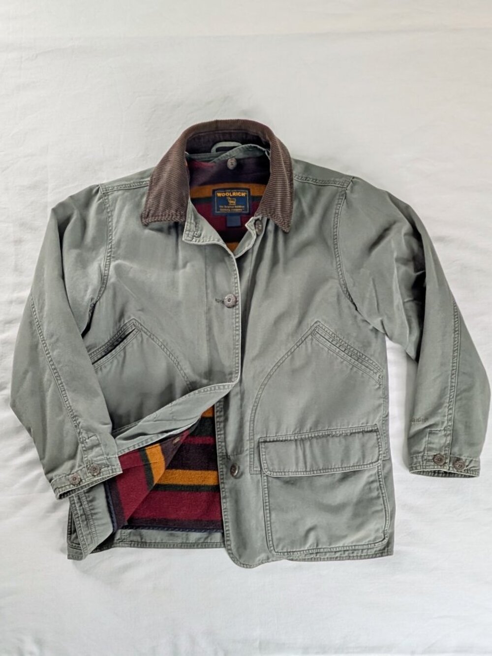 Woolrich VTG Green Canvas Fleece Blanket Lined Brown Corduroy Collar Barn Coat